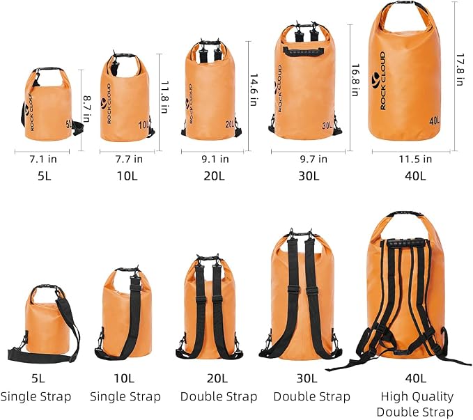 ROCK CLOUD Dry Bag Waterproof 30L Dry Sack for Kayaking Rafting Boating Beach Surfing Swimming Canoe Camping Hiking Fishing Ski, Orange