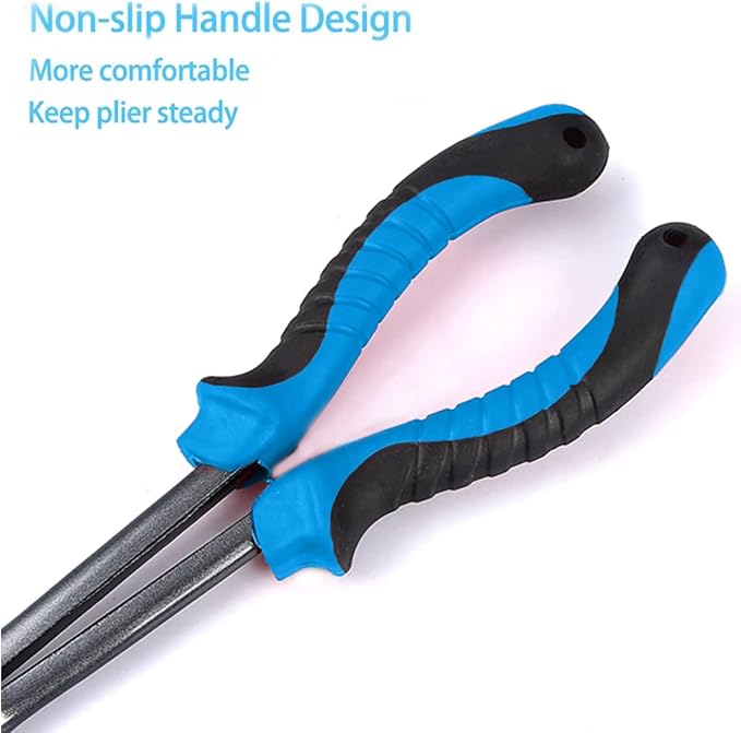 Long Nose Fishing Pliers Hook Remover Tools 11 Inches (Blue Black - Curved Needle Nose Pliers)