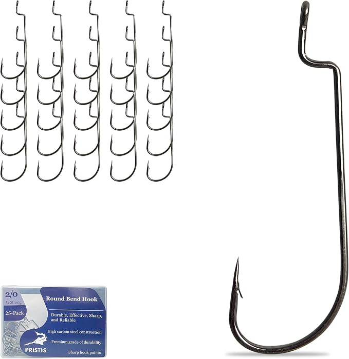 Pristis 25 Pack High Carbon Steel Fishing Hooks, Reinforced EWG Circle Octopus Round Bend 60 Degree Wide Gap Strong Barbed Worm Fish Hook Jig Bait Rig for Saltwater Freshwater Bass Tuna Walleye Trout
