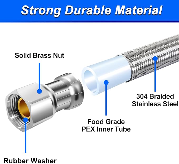 15FT Stainless Steel Braided Water Supply Line for Dishwasher, Brass 3/8 Inch Compression x 3/8 Inch Compression Connections, Food Grade PEX Inner Tube Water Hose