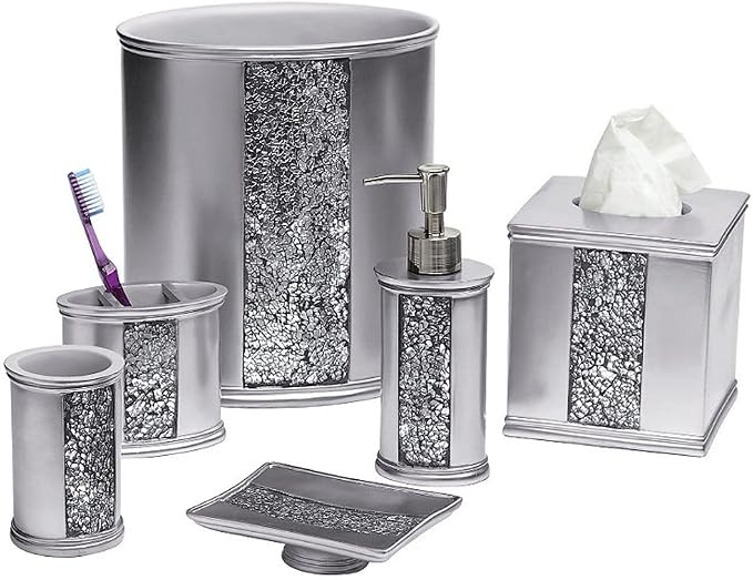 Zahari Home 4pc Sinatra Stylish Bathroom Accessories Set Liquid Soap Dispenser, Tumbler, Tooth Brush Holder and Soap Dish Modern Classic Luxury Decor Bling Mosaic Glass Silver Bathroom Accessories