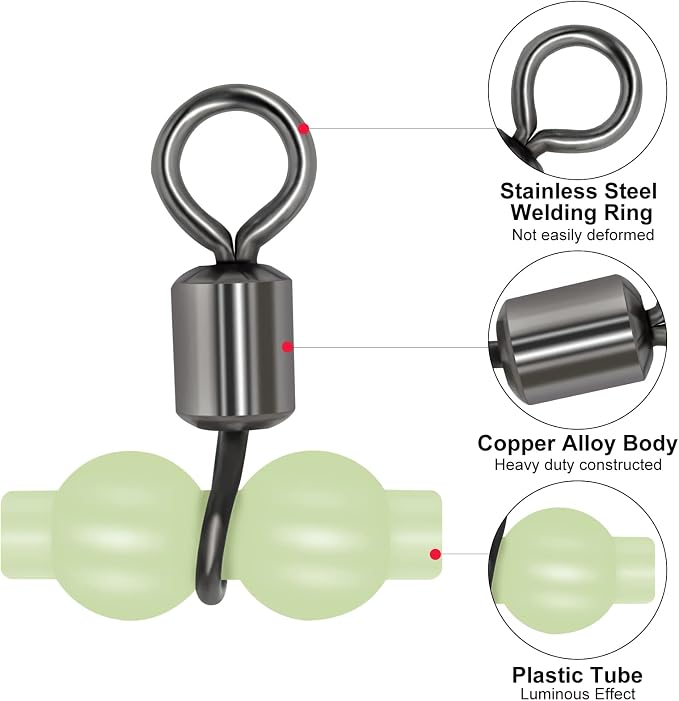 Goture Fishing Swivels, 3 Way Swivels Fishing Tackle, T Shape Cross Line Rolling Swivels with Luminous Beads Saltwater Freshwater,Three Way Fishing Swivels Barrel Swivels for Catfish Rig Surf Rig