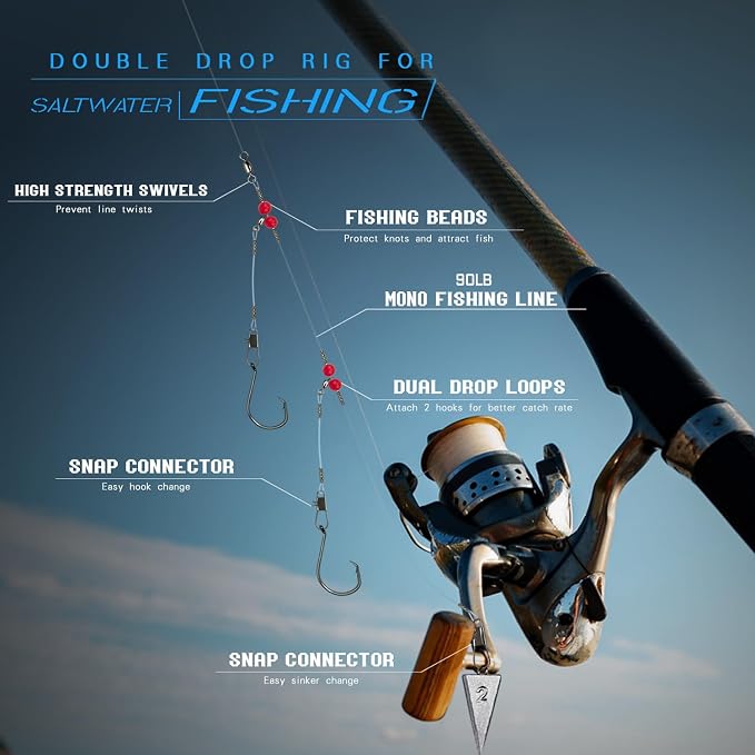 Narcissus Double Drop Saltwater Fishing Rig – Mono 2 Hook Bottom Rigs with Swivels & Snaps, Pre-Tied Surf Pier Boat Leader Line for Snapper, Bass, Mackerel, Catfish
