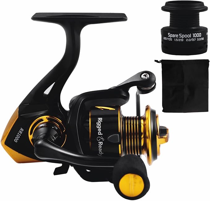 Rigged and Ready RR spin fixed-spool fishing reels 4 size options 1000, 3000, 5000, 6000. Freshwater saltwater smooth strong durable. Spare spool + bag. Spinning, Carp, Bass, Coarse, Sea & LRF angling