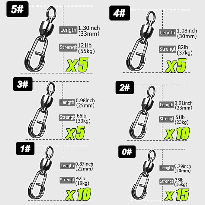 9KM DWLIFE Fishing Swivels & Snaps 25Pcs & Quick Change SnapsHigh Strength Snap Swivels Stainless Ball Bearing Fishing Swivels Freshwater/Freshwater