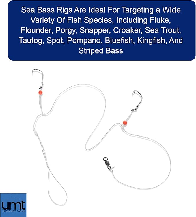 Sea Bass Hi/Lo Saltwater Fishing Rigs 1, 5 &10 Pack Bulk Options - Uncle Mo’s Tackle – Mustad Size 3/0 Bait Hook, 60lb Heavy Duty, 80lb Swivel & Sinker Loop, Hand Tied - for Fluke Porgy Snapper Croaker Sea Trout Tautog Spot Pompano