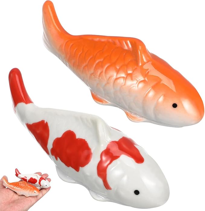 Housoutil Ceramic Floating Koi Fish, 2PCS Ceramic Floating Fake Fish Goldfish Koi Decor Realistic Water Pond Decor for Outdoor Fountain, Bird Bath, Mini Water Garden and Fake Aquarium