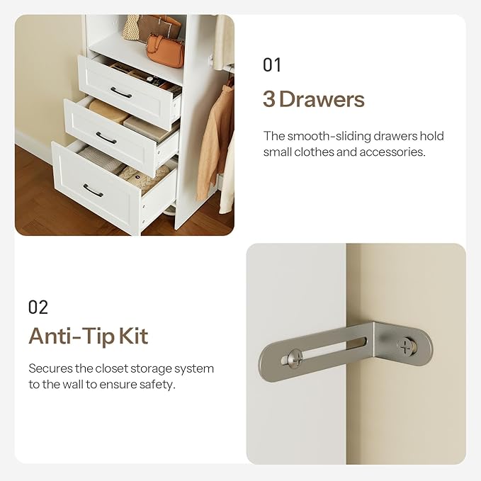 HOOBRO Closet System, 8FT Closet Organizer with Drawers, 95.7'' Clothes Organizer System Walk-in Wardrobe Clothes Rack with 4 Extendable Hanging Rods Garment Rack for Bedroom Cloakroom, White