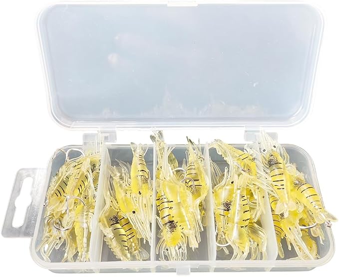 Soft Lures, 30PCS Shrimp Baits with Hook & Storage Box Realistic Swimbaits for Bass Trout Saltwater Freshwater