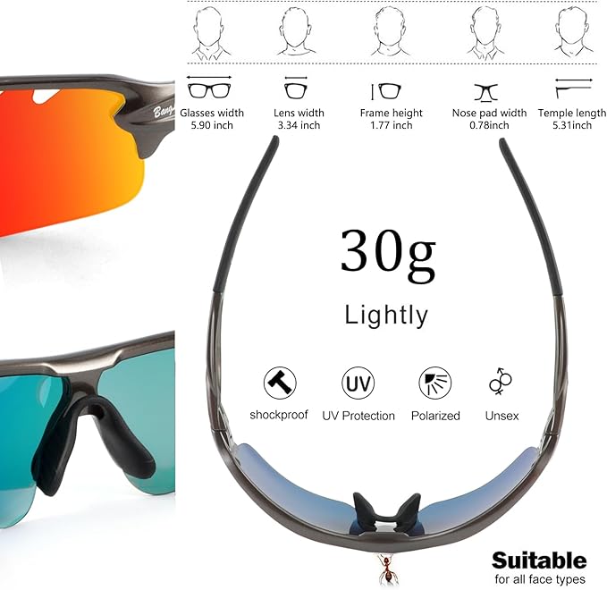 BangLong Polarized Cycling Sunglasses for Men Women, 26g Sports Sunglasses with 5 Lenses for Running Fishing Baseball Driving