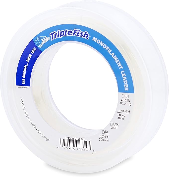 Triple Fish Monofilament Fishing Leader - Clear, Camo Strong Tough Leader Material for Big Game Fishing, Up to 400lb Test