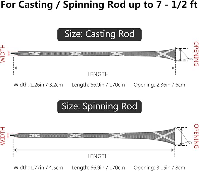 BASSDASH Casting Spinning Fishing Rod Sleeves Protective Rod Socks for Fishing Poles Up to 7-1/2ft