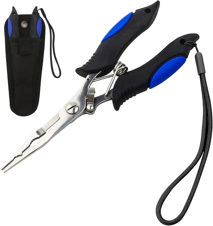 mouhike Fishing Pliers Long Nose Stainless Steel Fish Hook Remover Braid Cutters Split Ring Fish Pliers with Lanyard Fish Holder Ice Fly Fishing Gear Freshwater Saltwater Fishermen Gift