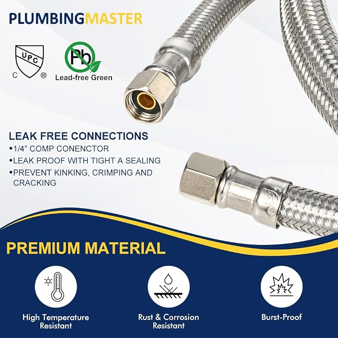 10ft Ice Maker Water Line Stainless Steel Braided – Flexible Refrigerator Water Supply Tube with 1/4" Quick Connect Fitting, Universal Fit