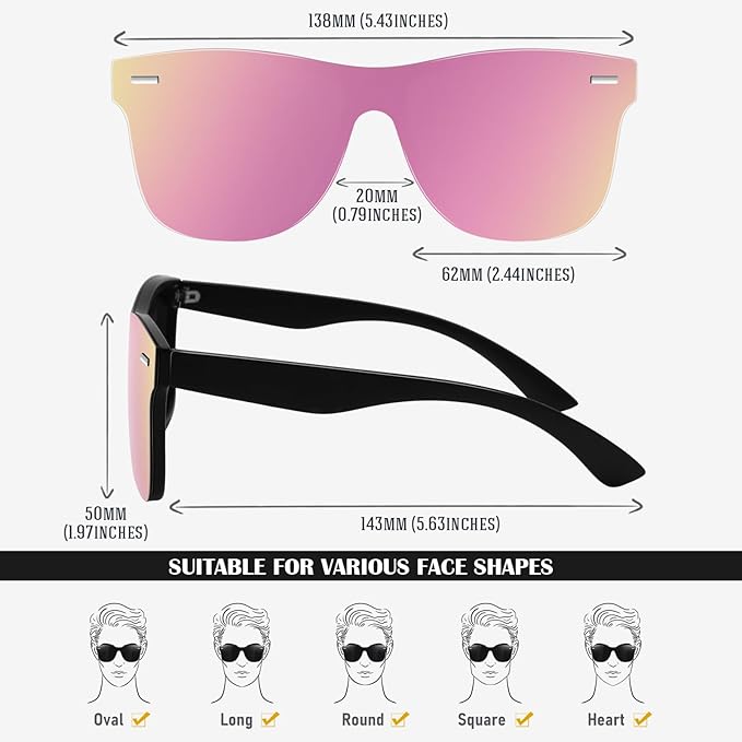 LINVO Trendy Polarized Mirrored Sunglasses Men Womens, Flat One Piece Reflective Shades for Driving Fishing UV400 Protection