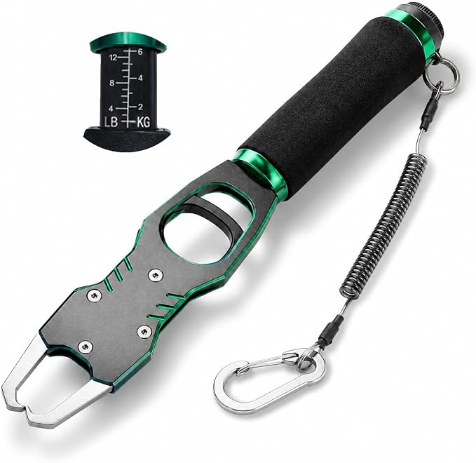 XKCZ 2-in-1 Fish Gripper with Scale, 40lb Fish Lip Gripper, One-Hand Fish Grabber with 360° Swivel, CNC-Machined Aluminum Fishing Gripper Tool with Lanyard for Bass, Saltwater Freshwater Fishing