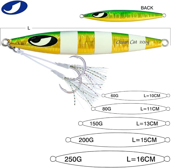 OCEAN CAT Lead Metal Flat Slow Fall Pitch Fishing Jigs Lures Sinking Vertical Jigging Bait with Butterfly Hook for Saltwater Fishing