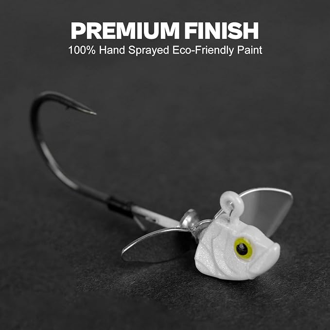 10-Pack Asymmetrical Spin Fishing Jig Head, 100% Brass Blade with Hand-Tied Bait Keeper for Bass 1/8 /3/16 1/4 3/8 & 1/2oz