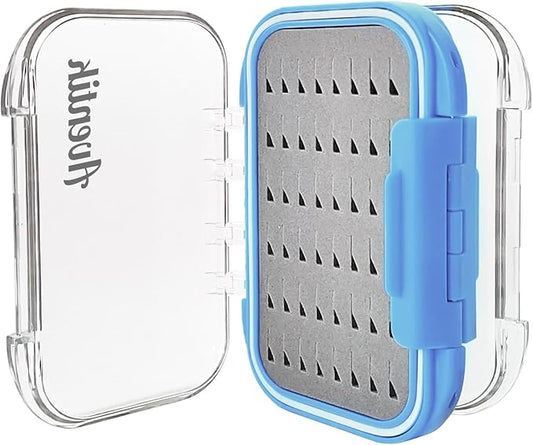 Aventik Waterproof Clear Fly Box Double Sides Floating Lightweight Fly Fishing Case Large Capacity Grip Foam Nymph Wet Dry Flies Lure Box(H18 Blue, SIZE A:4.24X3.04X1.36inch)