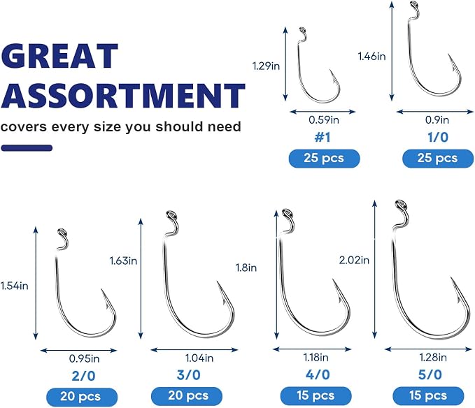 UCEC Fishing Hooks, 140PCS/ 100PCS/ 60PCS EWG Offset Worm Hooks Bass Hooks Wide Gap 2X Strong Senko Bait Texas Rig Jig Fish Hooks for Bass Trout Saltwater Freshwater Size:#4#2#1 1/0 2/0 3/0 4/0 5/0