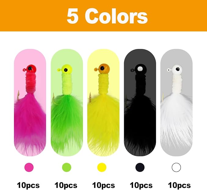 50PCS Crappie Fishing Jigs Hook Kit Feather Hair Jigs for Crappie Fishing baits Lures Panfish Trout 1/8 1/16 1/32 oz