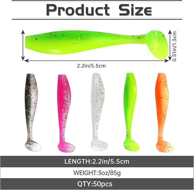 MAFIMOEA 50 Pcs Soft Fishing Lures Plastic Paddle Tail Swim Baits Kit for Bass Trout Walleye Crappie 5 Mixed Colors Fishing Soft Plastic Lure Kit 5.5CM