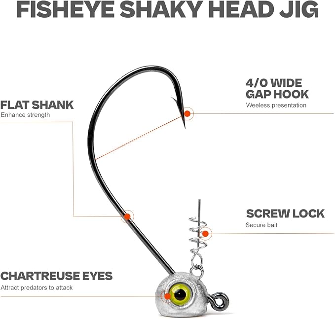 Shaky Head Jigs, Fisheye Stand-up Style Weedless Fishing Jig Heads for Bass (15-Pack) 1/8 3/16 1/4 5/16oz