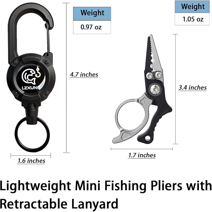 Mini Fishing Pliers with Zinger Retractor, Split Ring Pliers for Saltwater & Freshwater, Tungsten Carbide Braid Cutters & Hook Remover, Compact Multitool for Freshwater Fly Fishing,Bass Fishing