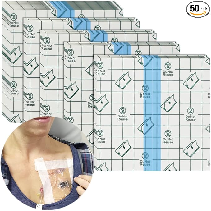 50 Pcs Chest Port Shower Cover Waterproof Adhesive Bandage Protector 4 x 4 Inch for Dialysis Catheter Chemo Hemodialysis Transparent Patch Surgery Wound Incision Water Barrier Stretch Dressing