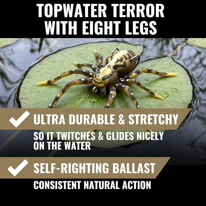 LUNKERHUNT Phantom Spider Lure for Bass Fishing (2.5 Inch) | Topwater Spider Fishing Lure with Natural Walking Action | Soft Hollow Body Weedless Hooks for Trout and Pike