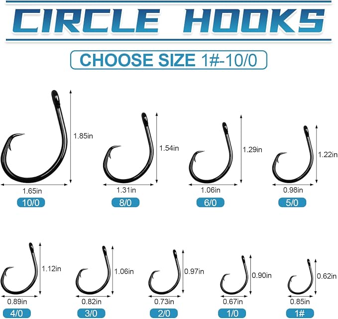 Circle Hooks Saltwater in-Line Wide Gap Fishing Hooks for Catfish 4X Strong High Carbon Steel Mustad Hooks for Tuna, Carp, Catfish,【1,1/0,2/0,3/0,4/0,5/0,6/0】-20pcs,【8/0】-12pcs,【10/0】-8pcs