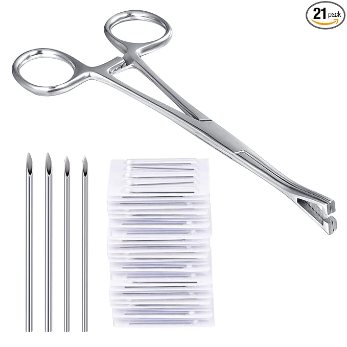 DJCIW Piercing Clamps with 20pcs Piercing Needles 14G 16G,Stainless Steel Triangle Slotted Metal Piercing Clamps Forceps for Belly Nipple Tongue Ear Piericng