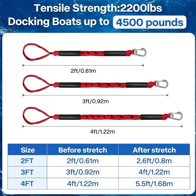 Bungee Dock Lines - Boat Accessories - 4 Feet Shock Cords Docking Rope Mooring Rope for PWC,Jet ski,Pontoon,Kayak,Canoe,Power Boat,Watercraft (Red-Black)