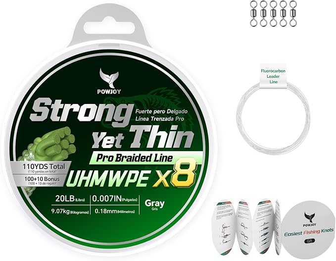 Ultra-Thin 20LB 8-Strand Braided Fishing Line 0.18mm with Knots Guide Card, Stronger than 4-Strand PE Line, Smooth as Silk & Longer Casting, Ideal for Bass Trout Fishing in Freshwater/Saltwater