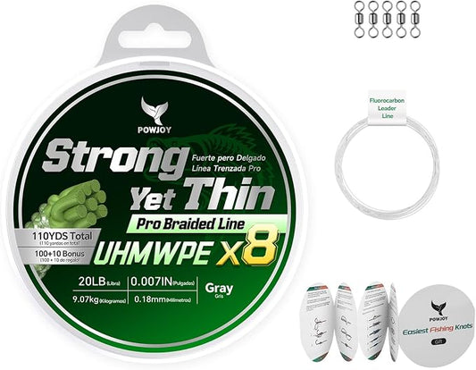 Ultra-Thin 20LB 8-Strand Braided Fishing Line 0.18mm with Knots Guide Card, Stronger than 4-Strand PE Line, Smooth as Silk & Longer Casting, Ideal for Bass Trout Fishing in Freshwater/Saltwater