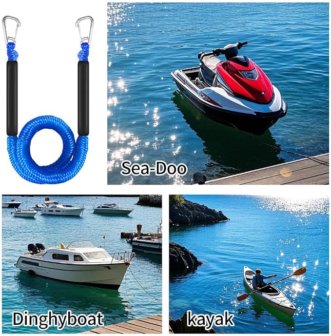 Bungee Boat Dock Line, Boat Rope with Double 316 Stainless Steel Clips Accessories for Bass Boat, Kayak, Pontoon, Watercraft, Waverunner, SeaDoo, Canoe,2Packs,4-6FT,Blue