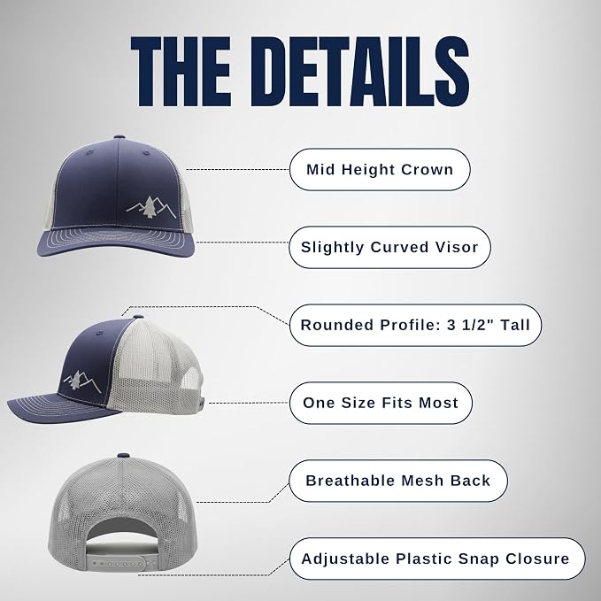 LINDO Trucker Hat [ Great Outdoors Design ] for Men and Women: Mid Profile Cap with Breathable Mesh Back and Adjustable Snap
