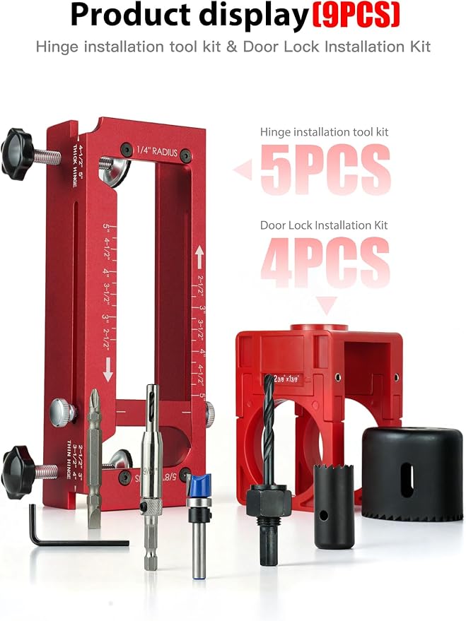 Door Hinge Jig & Lock Hole Drilling Kit – Adjustable Aluminum Router Template for Hinge Mortising (2.5"-5", 1/4"R, 5/8"R, Square Corner) – For 1-3/8" & 1-3/4" Thick Doors