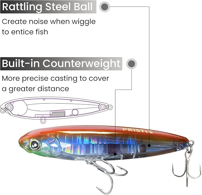 Pristis 3 pcs Topwater Fishing Plopper Lures, Floating Popper Bait Set with Chemically Sharpened Hooks for Saltwater Freshwater, Top Water Plopping Swimbait Teaser for Bass Tuna Perch Pike Crappie