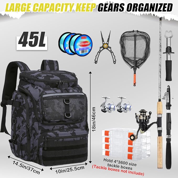 HAMBOLY Fishing Backpack 45L with Rod Holders, Water-Resistant Tackle Backpack for Fishermen, Large Capacity Fishing Gear Bag for Travel Hiking Camping