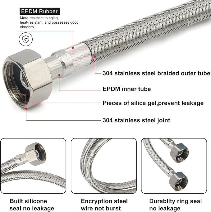 Midanya Faucet Supply Lines,24" Stainless Steel Braided Water Supply Line, 1/2" FIP x 1/2" FIP Faucet Hose, Faucet Hose Connector x 2 Pcs (1 Pair)