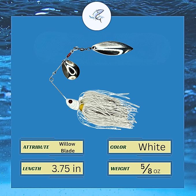 10 - Pack - White Spinner Lure, Fishing Lure, Spinnerbait, Freshwater Fishing - Metal, Plastic