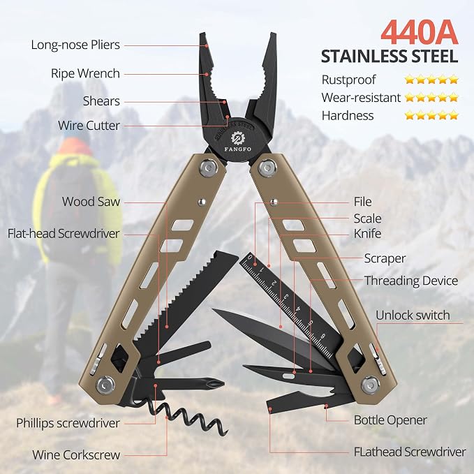 Multitool 17-in-1 Stainless Steel Multi Tool with Pocket Knife Needle Nose Pliers Bottle Opener Screwdriver Self-Locking Professional Multi-Tool for Outdoor Survival Gifts for Men(Brown)