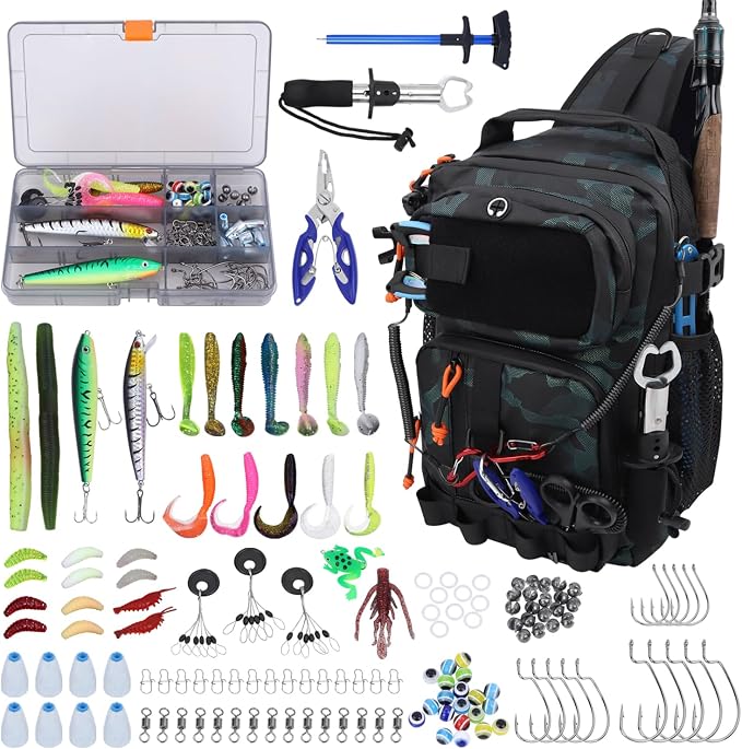 Fishing Backpack with Tackle Boxes,Waterproof Fishing Shoulder Bag for Fishing Gear,Fish Bag with 136 Pcs Fishing Lures Kit,Fish Hook Remover Tool,Fish Lip Gripper,Fishing Plier,Gifts for Men (Green)