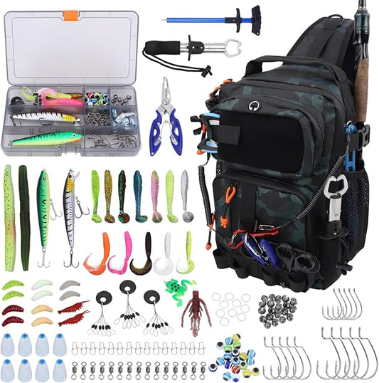 Fishing Backpack with Tackle Boxes,Waterproof Fishing Shoulder Bag for Fishing Gear,Fish Bag with 136 Pcs Fishing Lures Kit,Fish Hook Remover Tool,Fish Lip Gripper,Fishing Plier,Gifts for Men (Green)