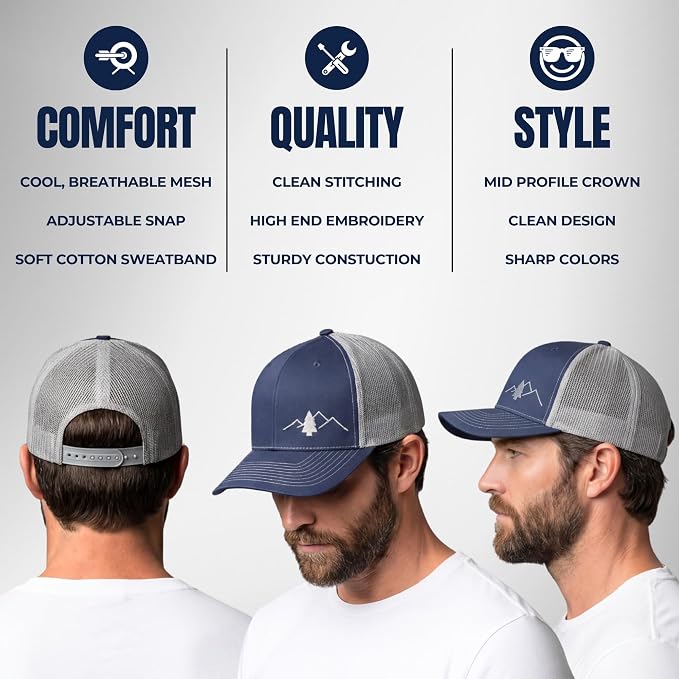 LINDO Trucker Hat [ Great Outdoors Design ] for Men and Women: Mid Profile Cap with Breathable Mesh Back and Adjustable Snap