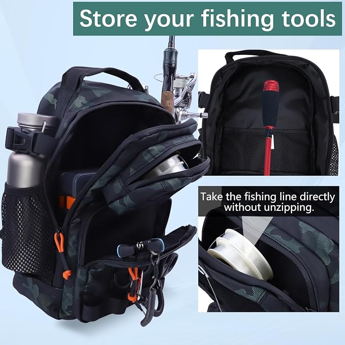 Fishing Backpack Tackle Storage Bag with 2 Tackle Boxes, Lightweight Outdoor Water-Resistant Fish Shoulder Bag with Rod Holder-Store Fish Gear for Fishing(Green)