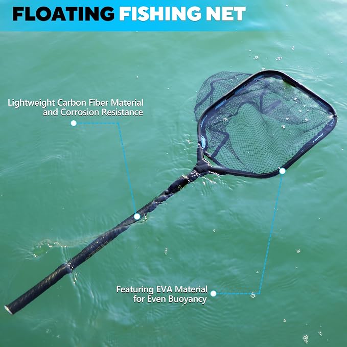 PLUSINNO Floating Fishing Net with Telescoping Handle, Carbon Fiber Ultralight Long Fish Net, Collapsible Landing Net 6.56/7.86Ft, Fishing Gear Kayak Accessories for Bass Trout Salmon