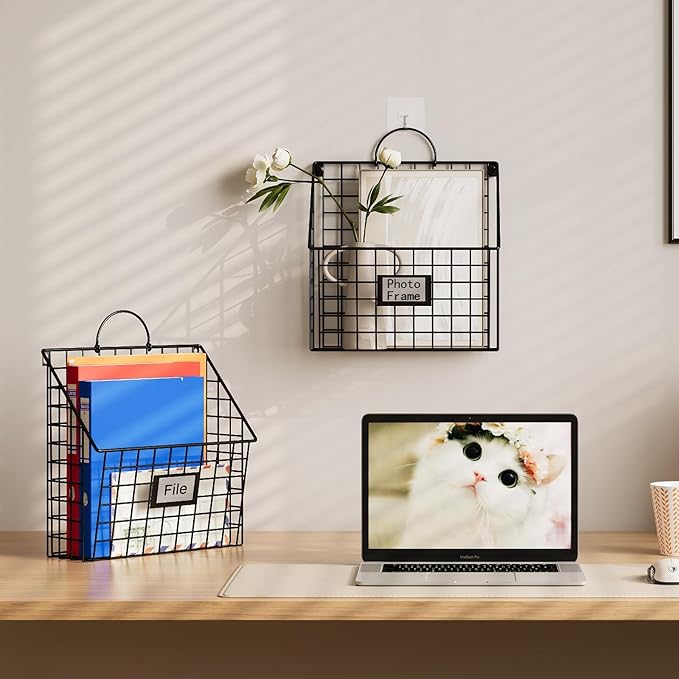 Hanging Wall File Organizer Metal Wall Mounted File Holder Folder with Handles and Hooks, Magazine Document Rack, for Home Office or Decor, 3 Packs (Patent Pending)