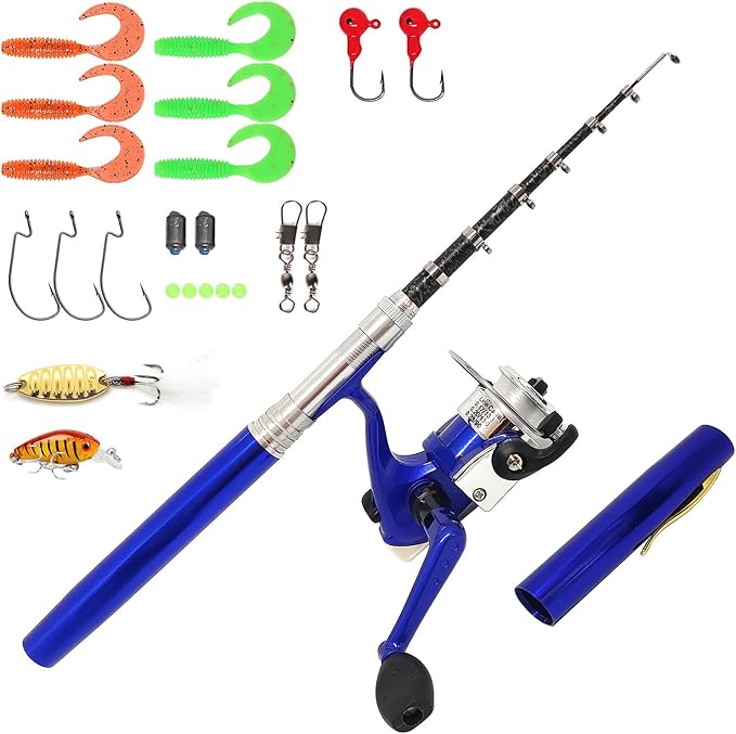 Portable Small Pen Fishing Rod Spinning Reel Combos, 38" 55" Compact Telescopic Fish Pole Kits for All Season Fishing in Rivers, Lakes, Ice, etc.